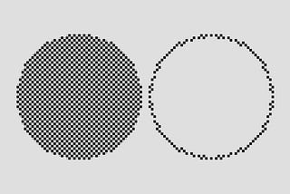 Two circular patterns on a gray background: the left circle is filled with a dense black-and-white checkerboard grid, while the right circle is outlined with the same pixelated pattern but left empty in the center. The image illustrates contrast between filled and outlined digital textures.