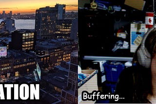 On the left, a picture of Manhattan and “expectation”. On the right, a dubious Googler at home with static and “Buffering”.