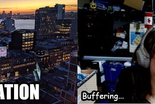 On the left, a picture of Manhattan and “expectation”. On the right, a dubious Googler at home with static and “Buffering”.