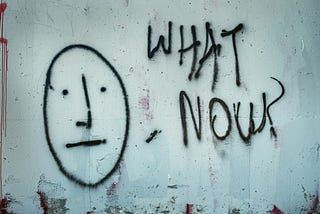 Graffiti with a confused face and the question ‘what now?’