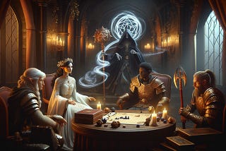 Dungeons and Dragons characters play a tabletop boardgame. A princess, a wizard, a barbarian and rogue play at the table.