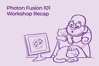 An illustration of Marty and his cats, next to a monitor with the Photon Fusion logo on it. To the top left corner is the blog’s title.