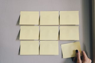 A piccture of nine empty sticky notes on a wall