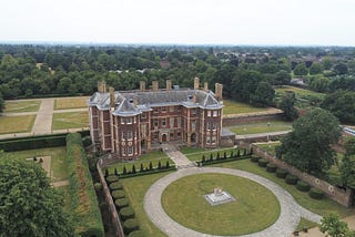 Ham House — a 17th Century manor house and grounds in South West London. Aerial photo showing the house and circular drive