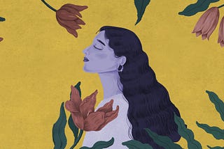 An illustration of a purple woman’s profile on a yellow backdrop surrounded with foliages and flowers.