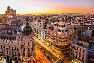 A panoramic view of central Madrid at sunset