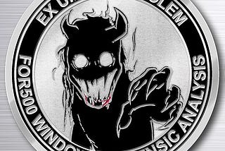 DFIR FOR500 challeng coin shows a black deamon and little bleeding from his mouth and he raise his hand to catch something