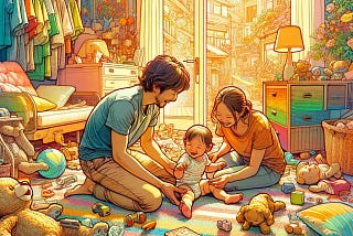 ilustração colorida de uma família japonesa, composta por um bebê, mãe e pai, vestidos com roupas confortáveis, brincando alegremente no chão de um quarto de bebê repleto de brinquedos espalhados, evocando uma mistura de design moderno vibrante com nostalgia de livros infantis clássicos.