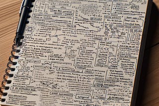 A notepad filled with indecipherable notes about artificial intelligence, cloud computing, and research. The notepad’s pages are densely packed with diagrams, mathematical equations, and short phrases, offering a glimpse into complex thoughts and ideas. (DALL*E 3)