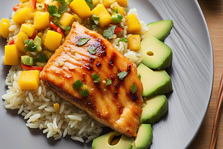 Sweet Chili Glazed Fish with Mango Avocado Salad and Pineapple Fried Rice