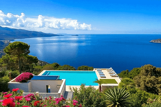 A stunning villa in Mallorca with panoramic sea views, surrounded by lush greenery and vibrant flowers, embodying the essence of paradise living.