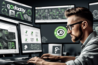 An intricate digital collage of a web designer analyzing SEO results on multiple computer screens, with the GoDaddy logo prominently displayed in the environment, illustrating a detailed review of GoDaddy SEO services.