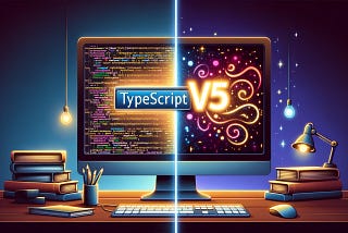 An image showing a computer screen split in half, on the left side reading “TypeScript”, and on the right side, reading “V5”