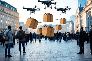 A group of drones dropping packages from the sky onto a crowded city square