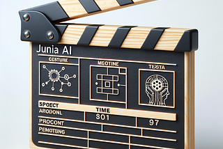 A film clapperboard with abstract AI and film scheduling symbols.