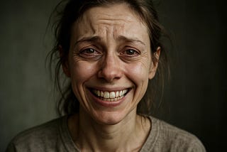A woman with tear-filled eyes forces a wide smile, her face showing a painful mix of distress and performance. The image captures the emotional conflict of masking pain with forced positivity, often seen in trauma survivors trying to appear “okay.”