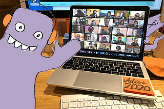 A virtual compilation of ODS team members contrasted against purple cartoon characaters with the text “Adios 2020”.