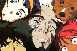 desenho do cowboy bebop com os quatros personagens na foto com os rostos encostados um no outro e fazendo careta. só o cachorro na ponta parece feliz.