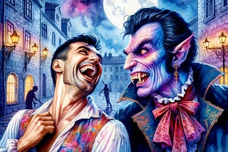 A vivid and colourful hyper-realistic scene of a man and a vampire in a moonlit street, sharing stories and laughter with unique and detailed facial features.