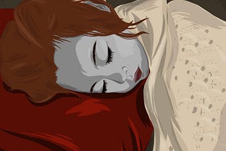 An illustration of a young girl, sick and asleep laying in bed