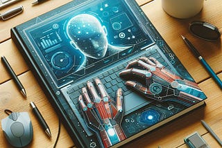 Ornamental image of a desk with pencils, pens and mouse carefully positioned about a book with a sci-fi illustration as a cover. The cover showcase a laptop with cyber human-hands texting on the keyboard, while on the display we see data chart in blue and turquoise colors with a human head at the center projecting sci-fi and cyberpunk feelings