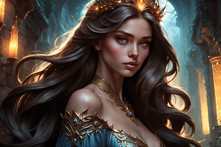 Beautiful brunette with long hair, with a tiara, green gown, with a mysterious gaslamp background.