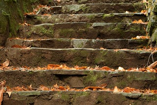 Outdoor winding stone stairway with autumn leaves on the steps, and moss on the stone walls.