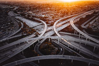 A horrendous LA freeway interchange at dawn.