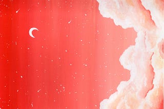 a painting of a peach-colored night sky with a crescent moon and stars, with clouds on the right side