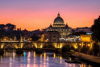 The Vatican from a distance in the evening with a golden sunset