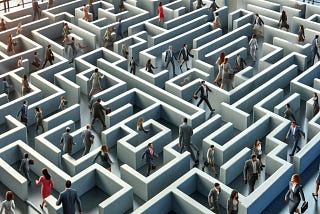 AI generated image of business people in a corporate maze.