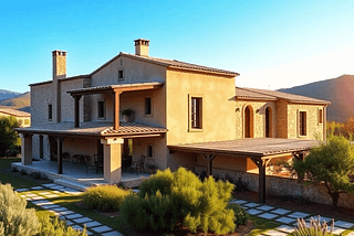 A modern Spanish farmhouse with rustic and contemporary design, surrounded by lush greenery and a bright sky, showcasing the charm of Mallorca's landscape.