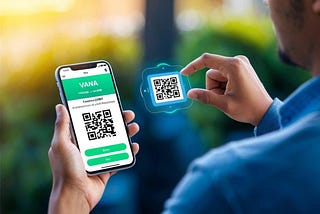 A person using a mobile phone to scan a QR code with a Vana airdrop checker app open on the screen