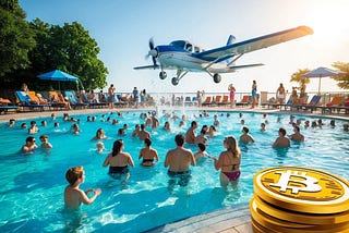 A crowded pool with people enjoying the sun and water. A plane drops supplies into the water