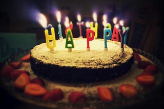 A cake (not served for my birthday celebration on the 23rd of October) with candles saying “Happy Birthday” sticking out from the top.