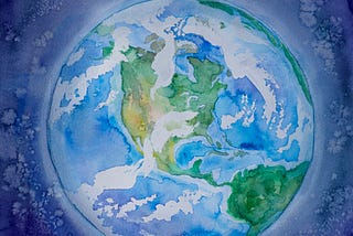 A bright watercolor painting of the Earth, illustrating North and South America in blues, greens, and yellows.