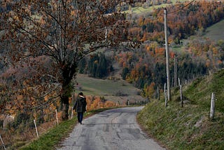 A picture of a man walking away on a road