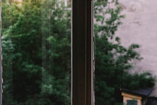 Photo of an open book laying next to a window. Outside is greenery.