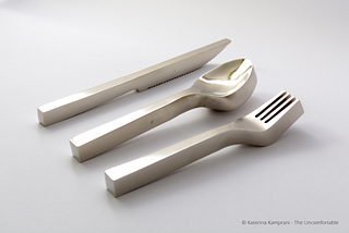 Abstraction limits user flexibility. This image presents another wonderfully mind-tickling 3D art piece from greek artist Katerina Kamprani, showing silverware with a third dimension — making them clumsy to use.