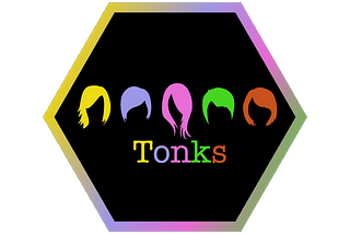Hexagonal icon that says Tonks and has five different hairstyles pictured all in neon colors.