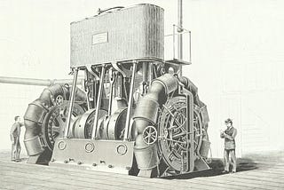 An early-20th-century sketch of worker and businessman looking at a large, complex machine, illustrating the economic and social impacts of technology