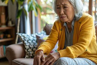 AI image created on MidJourney V6 by henrique centieiro and bee lee, 70 years old asian woman rubbing her painful knee, wearing yellow cardigan