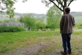 man looking dreamily out at landscape