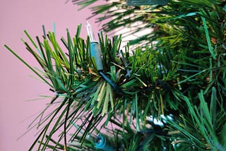 A close-up of a Christmas light on the tree branch