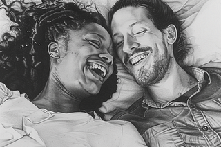 Image of a woman and man laying in bed and laughing. Created by author on Midjourney.