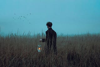A man in a meadow holding a lantern that is dimly lit