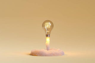 a lightbulb taking off like a rocket might on a plain background
