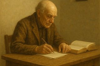 Old man in a sealed room with a reference book