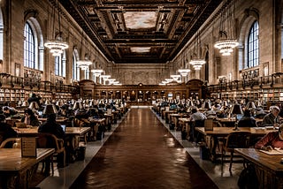 An ornate library with people working at rows of large desks, surrounded by bookshelves and chandeliers.