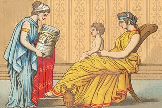 Old image of a servant offering milk foods to her mistress and child.